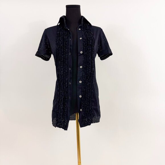 JEAN PAUL GAULTIER JPG BLACK BUTTON UP COLLARED SHIRT WITH RUFFLES - Picture 3 of 9